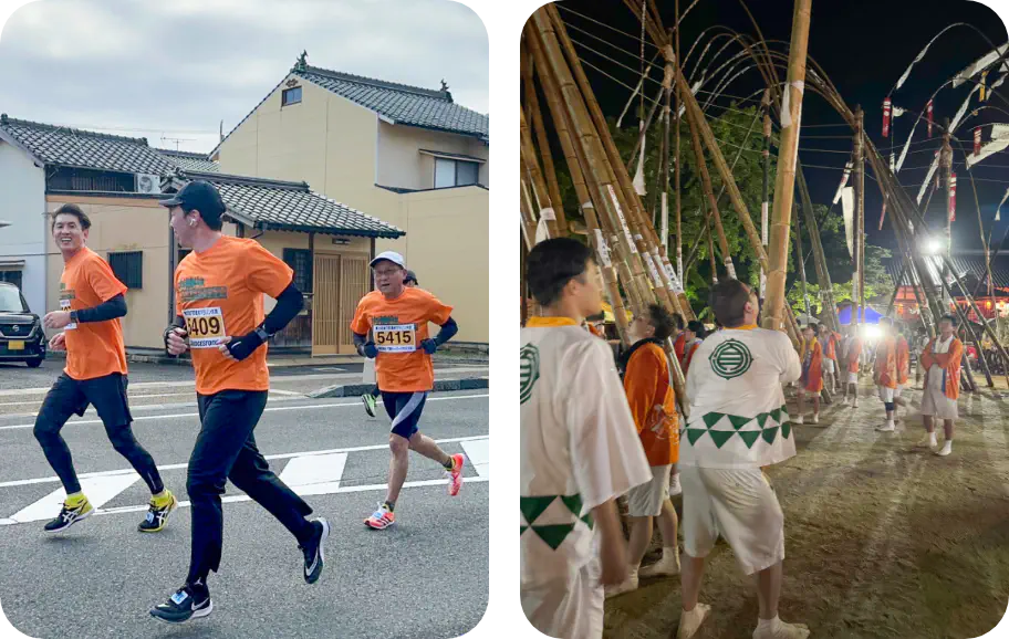 マラソンと祭りに参加している社員